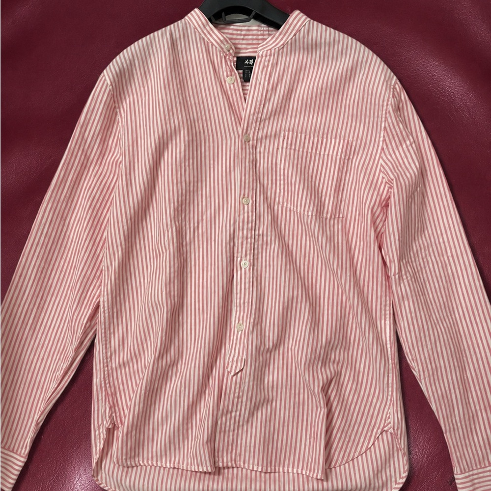 H&M Men’s Pink and White Striped Band-Collar Button-Up Shirt